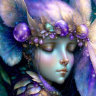 Illustration of person with closed eyes wearing purple flower headdress and feathers, birds perched.