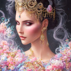 Digital Artwork: Woman with Purple Eyes and Gold Headpiece Among Pastel Roses