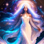 Digital artwork of woman with galaxy-themed hair and gown on cosmic background