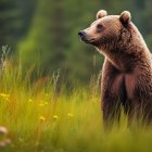 Brown bear in vibrant wildflower meadow forest scene