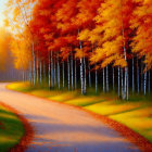 Vibrant autumn forest with winding path and colorful foliage