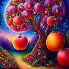 Colorful whimsical tree with oversized apples in magical starry background