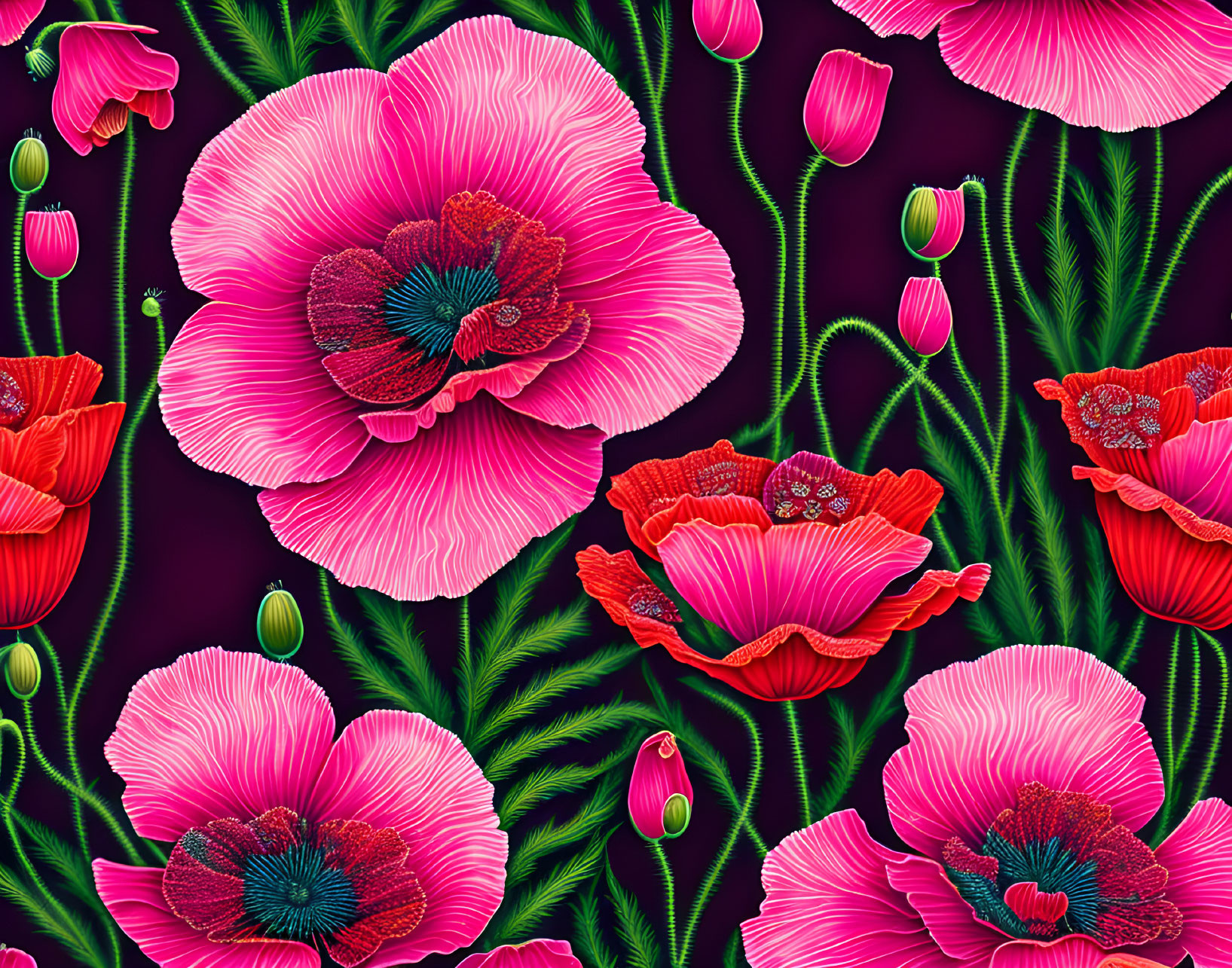 Detailed Pink and Red Poppies on Dark Background