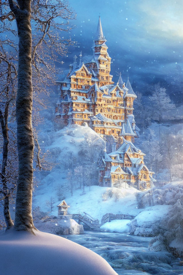 Wooden castle in snowy landscape with river under twilight sky