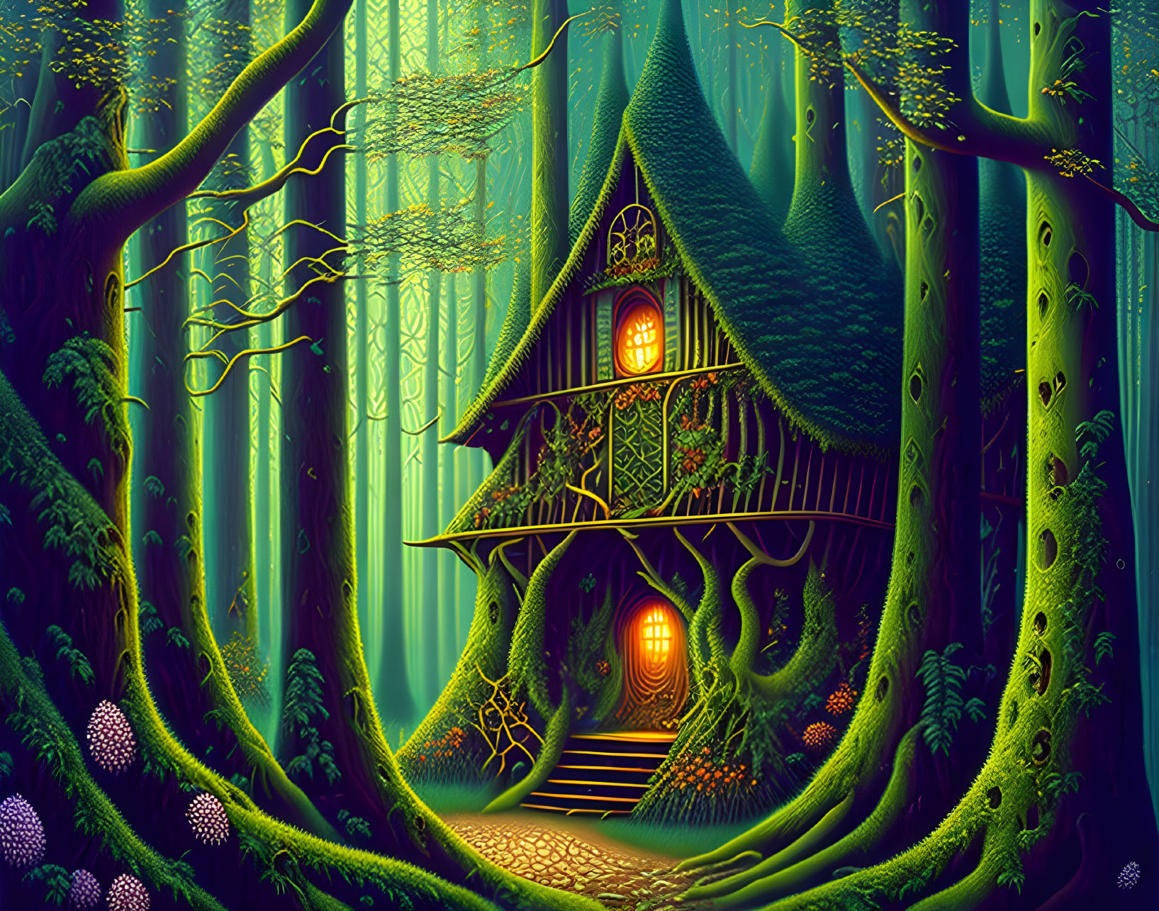 Glowing windows treehouse in enchanted forest