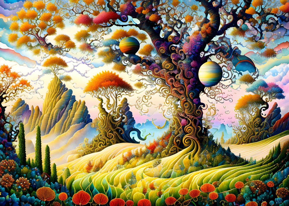 Fantasy landscape with whimsical tree, hot air balloons, and colorful foliage