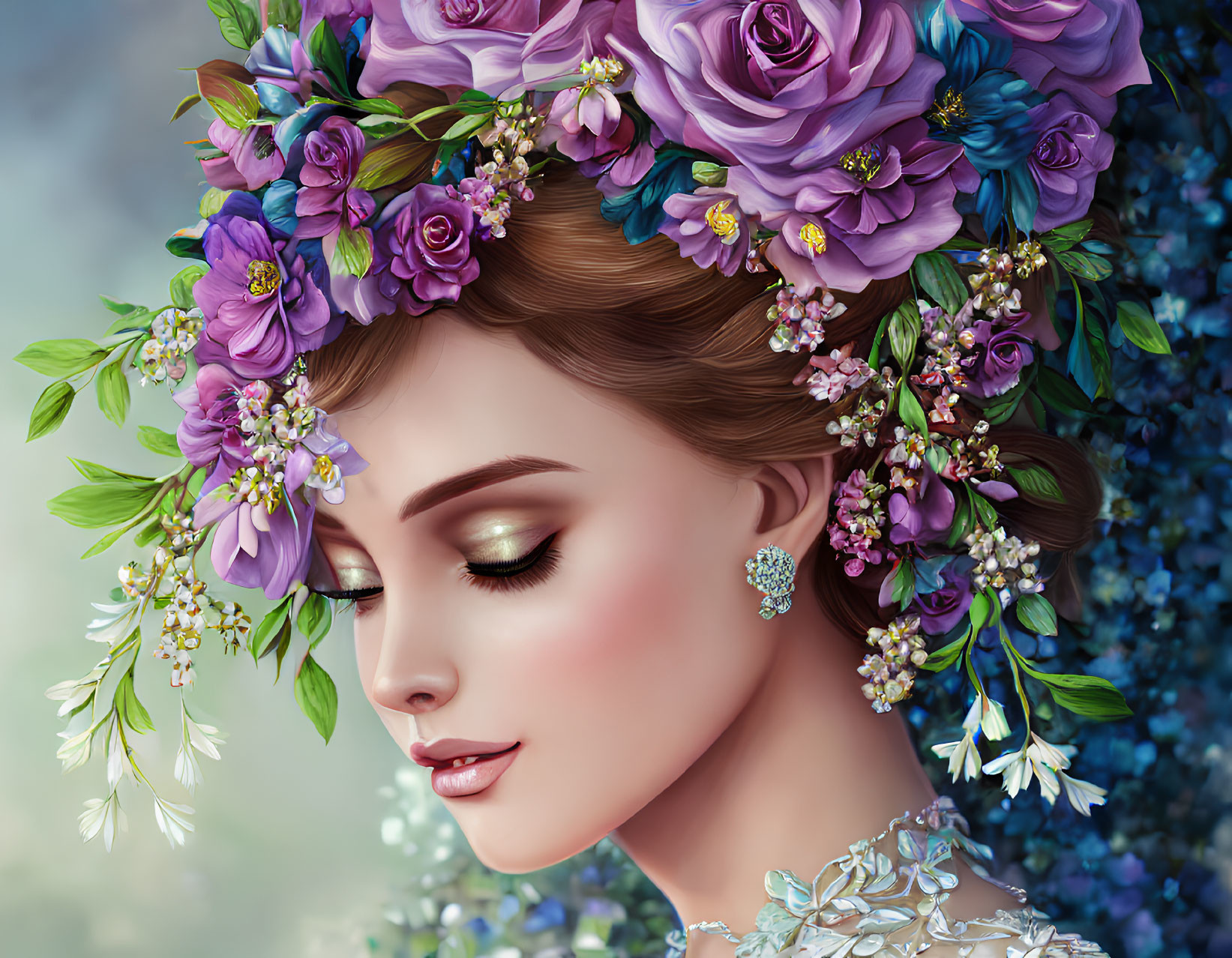 Detailed Floral Headpiece Portrait of Woman with Purple Roses