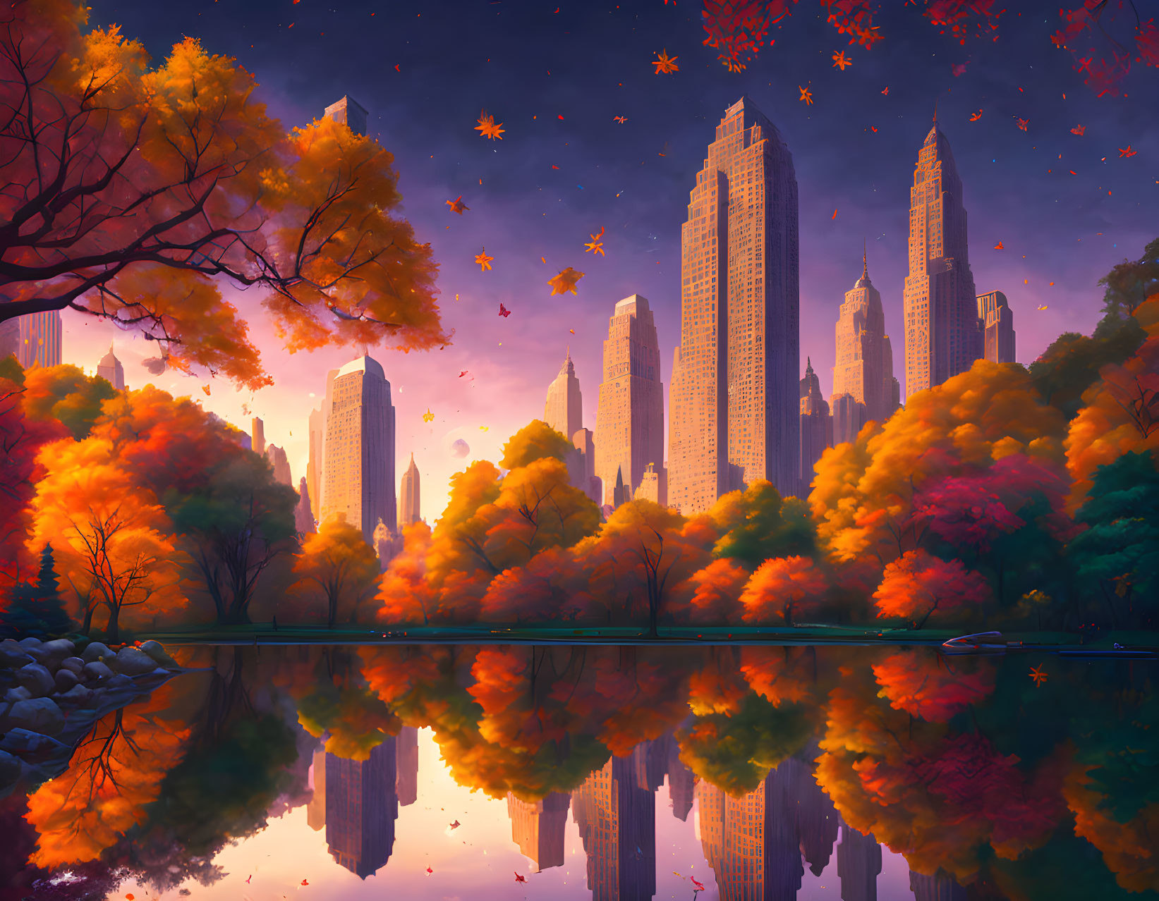 Colorful autumn scene: trees, lake, park, skyscrapers, twilight sky.