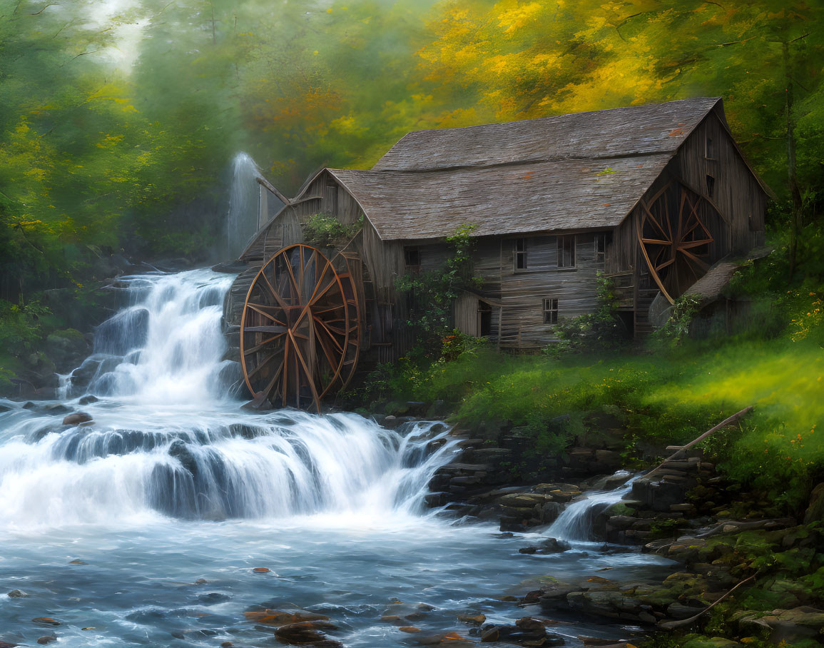 Old wooden mill with two waterwheels, trees, waterfall, golden light