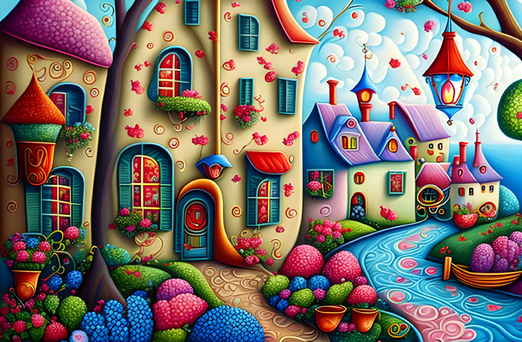 Colorful Fairytale Landscape with Stylized Houses and River