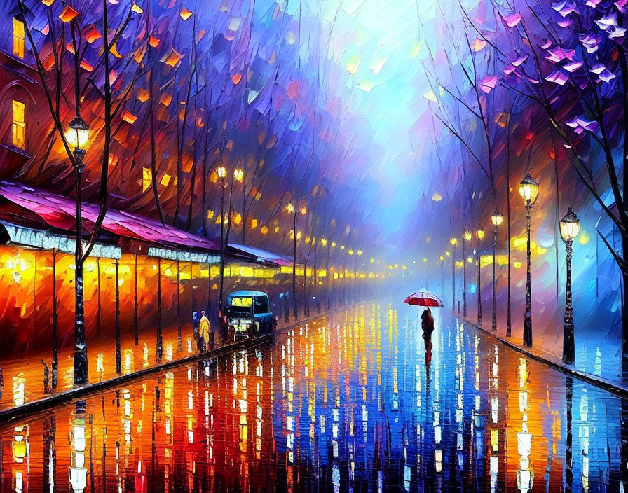 Rainy Evening Painting with Person and Red Umbrella in Blue and Violet Tones