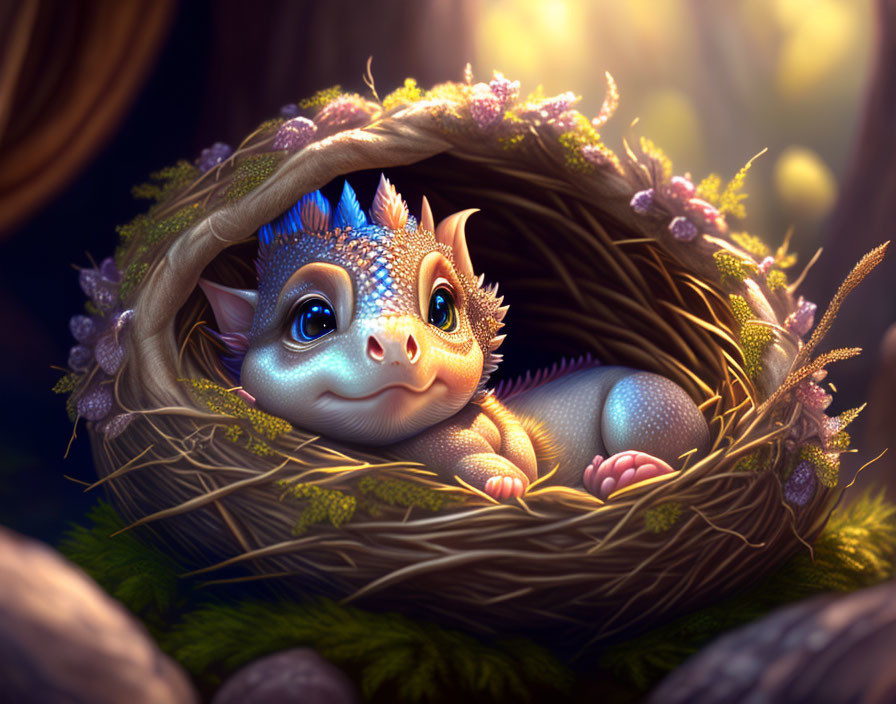 Blue-Spiked Dragon Hatchling in Cozy Nest with Purple Flowers