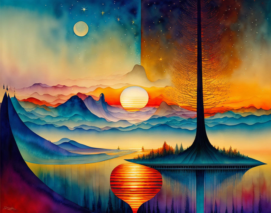 Colorful surreal landscape with mountains, tree, sun, moon, and balloons over water