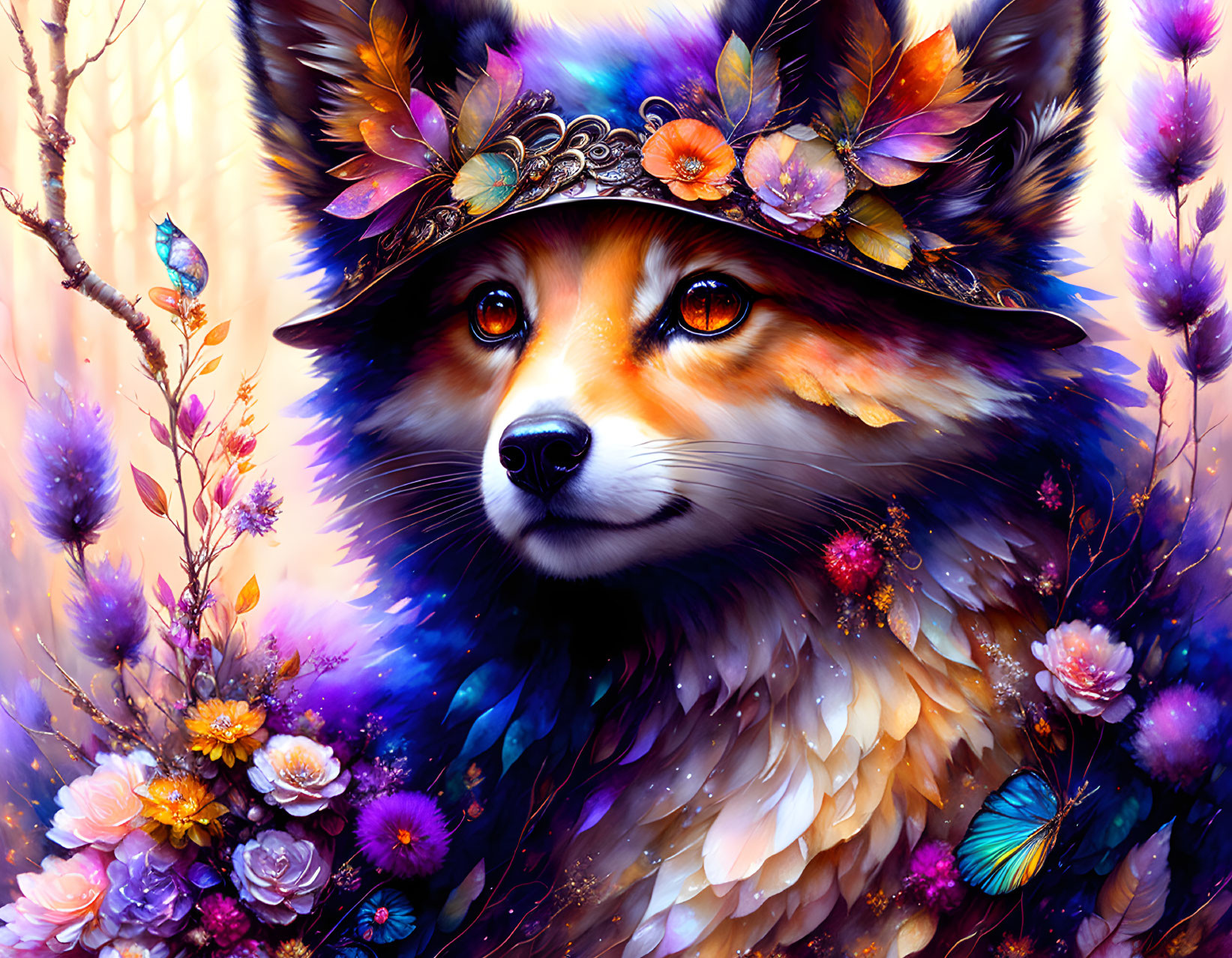 Colorful Fox Illustration with Floral Hat and Butterflies