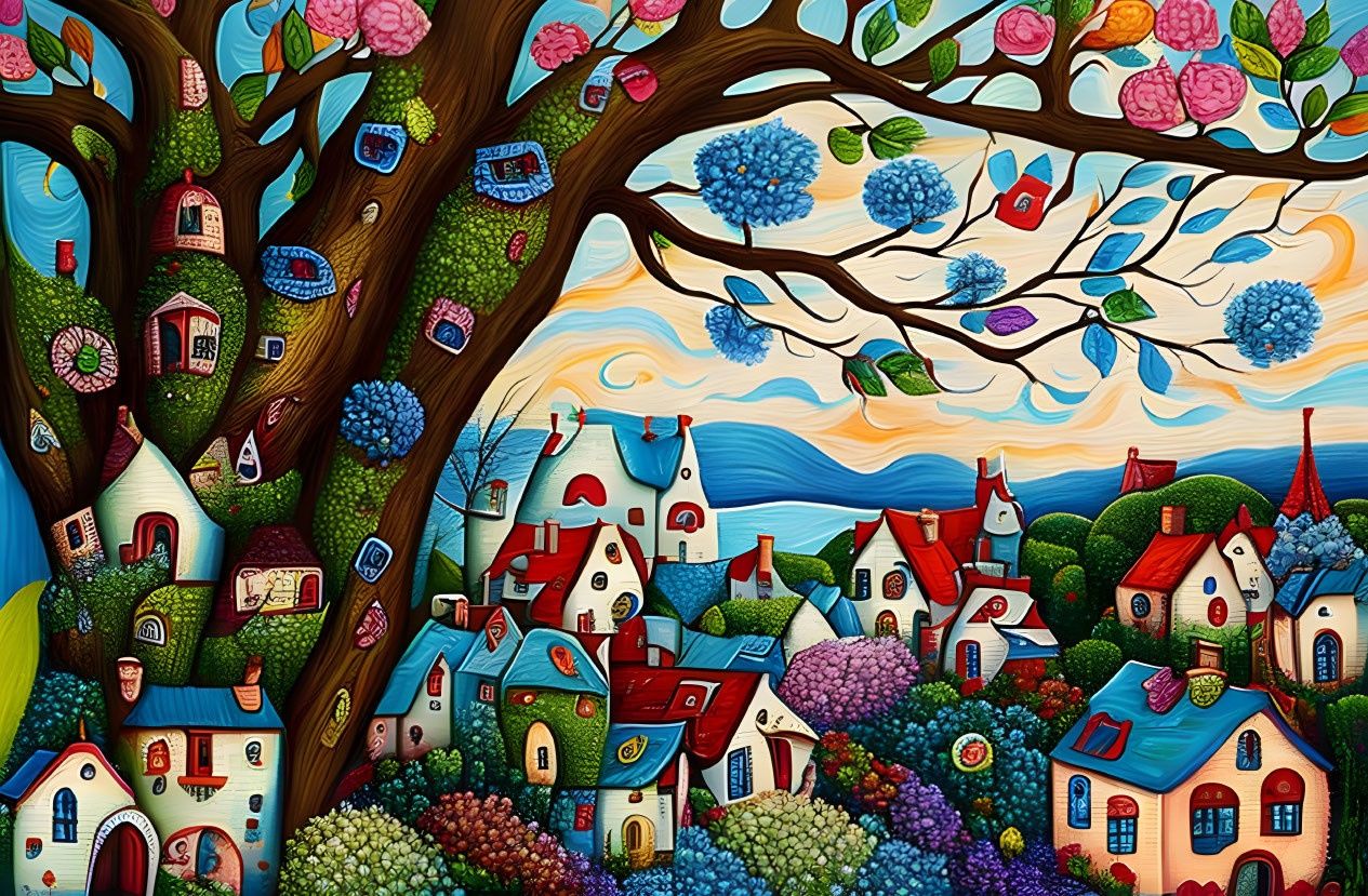 Colorful whimsical painting of a fantastical landscape with tree houses and rolling hills