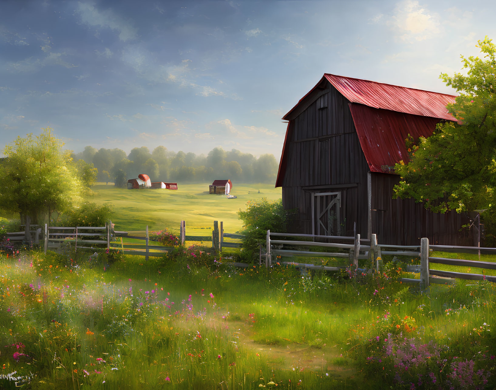 Tranquil countryside landscape with red-roofed barn, wildflowers, and pastures