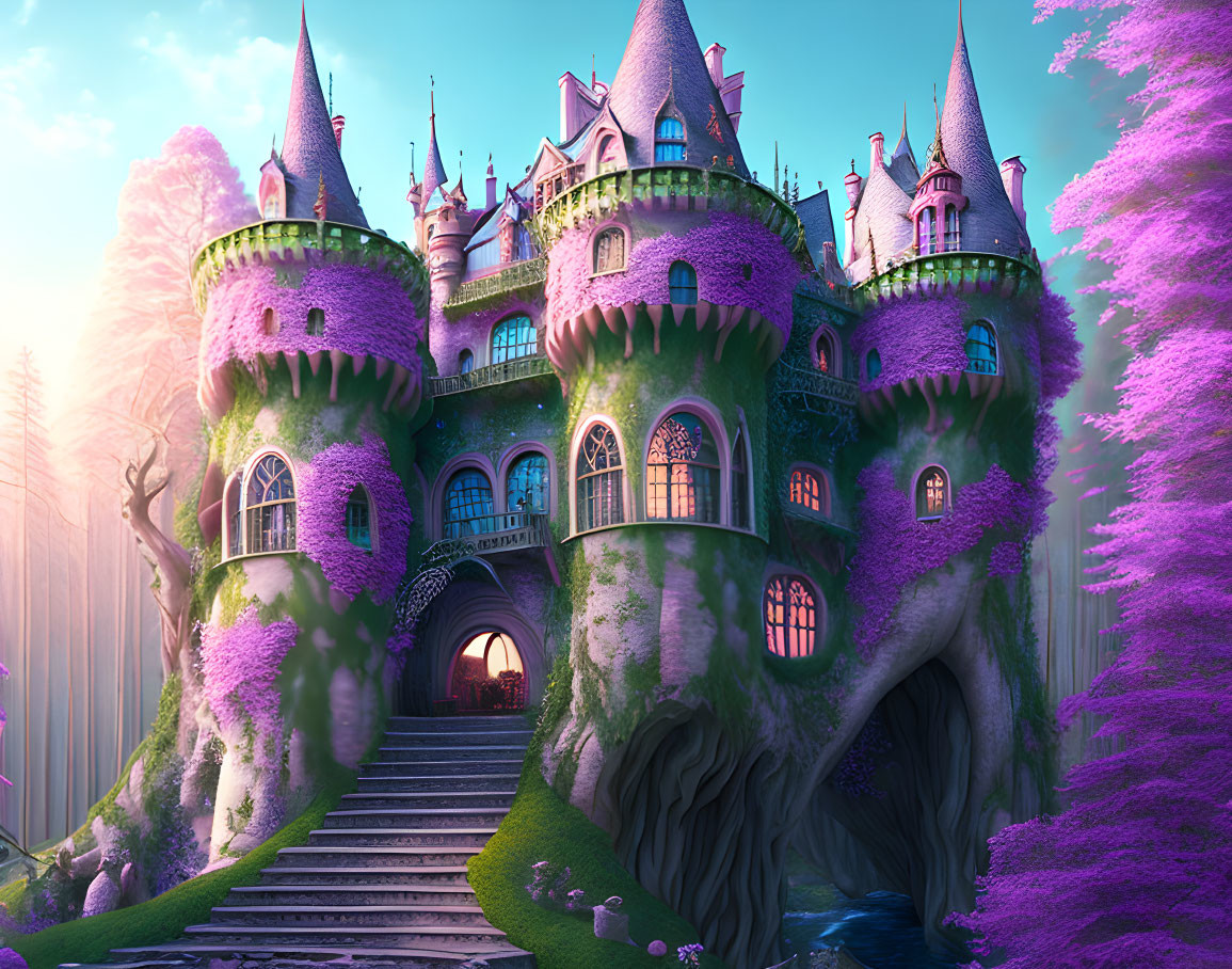 Fairy tale castle with spires, purple trees, and grand staircase