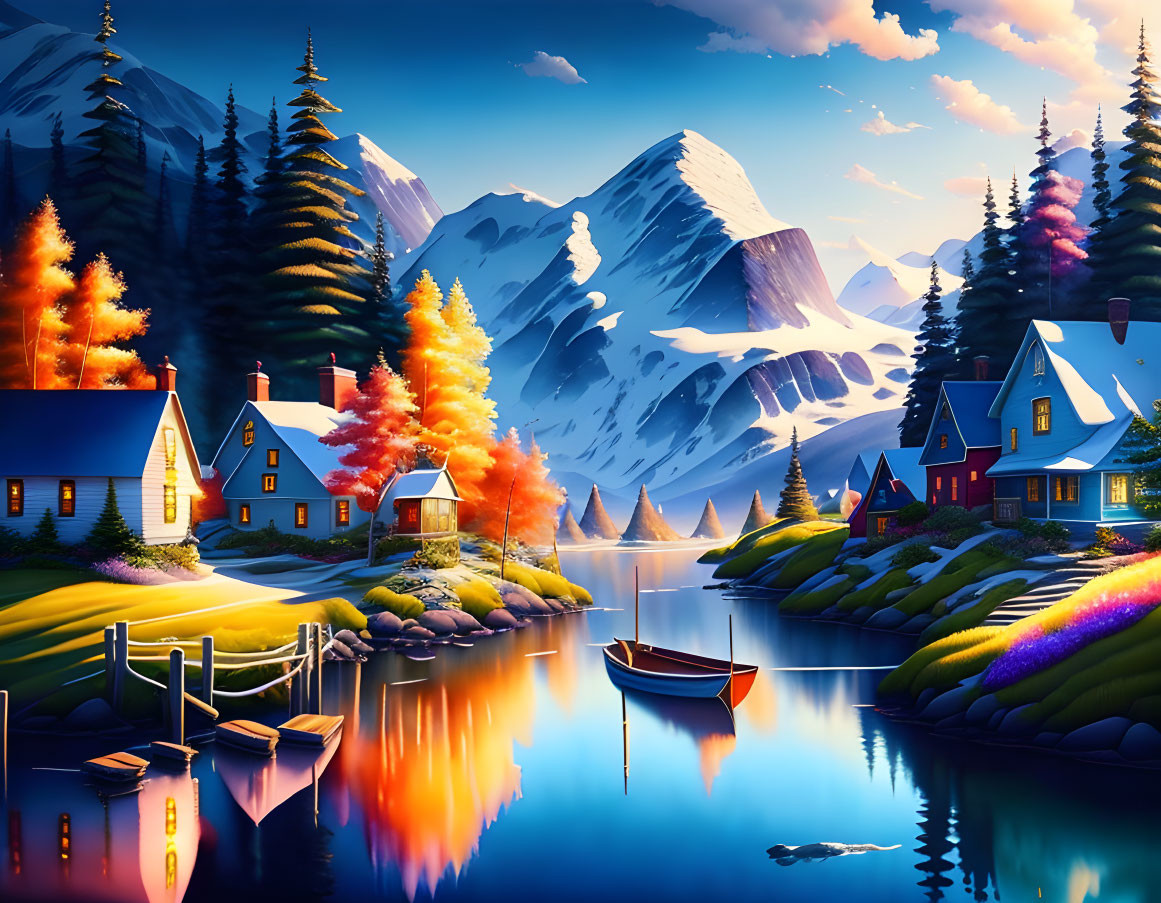 Scenic landscape with snowy mountains, autumn trees, lake, and houses