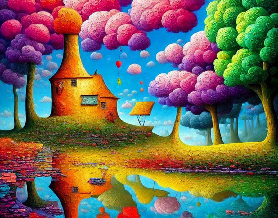 Colorful whimsical painting of surreal landscape with quaint house and lush trees.