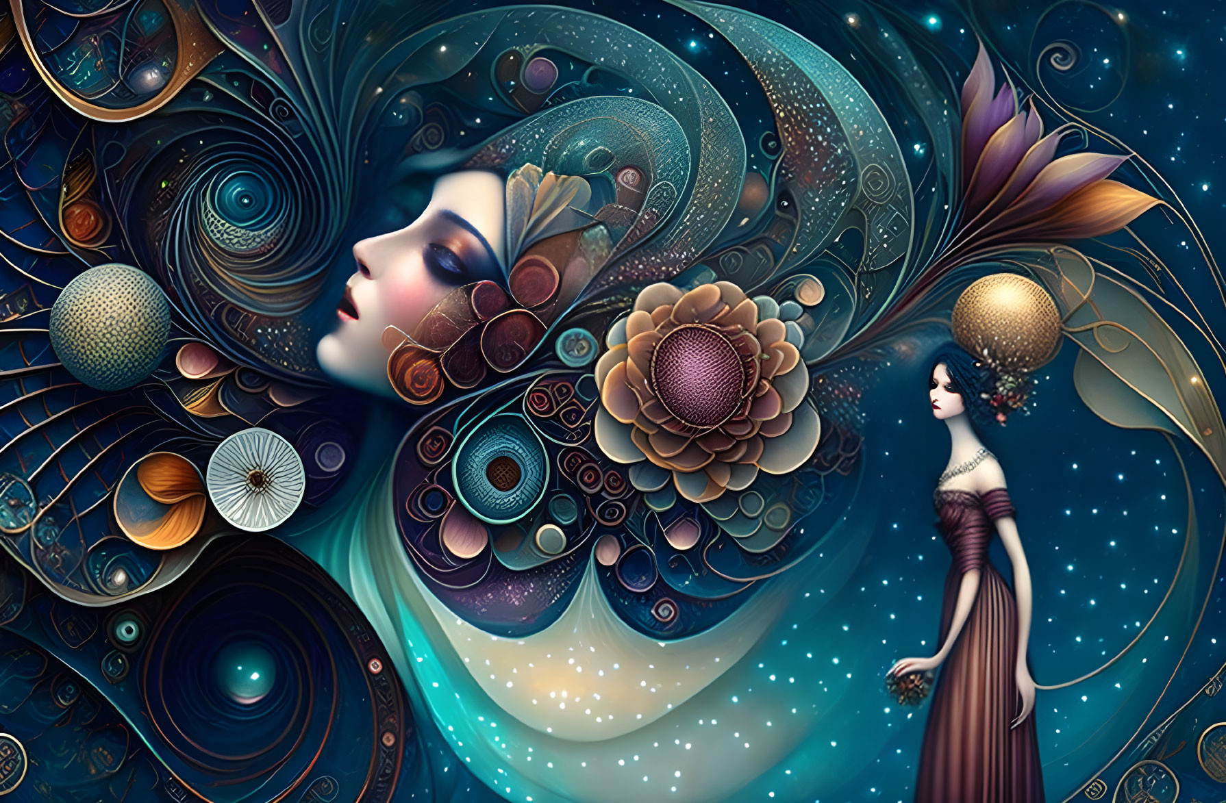 Ethereal digital artwork of two stylized female figures in cosmic floral patterns