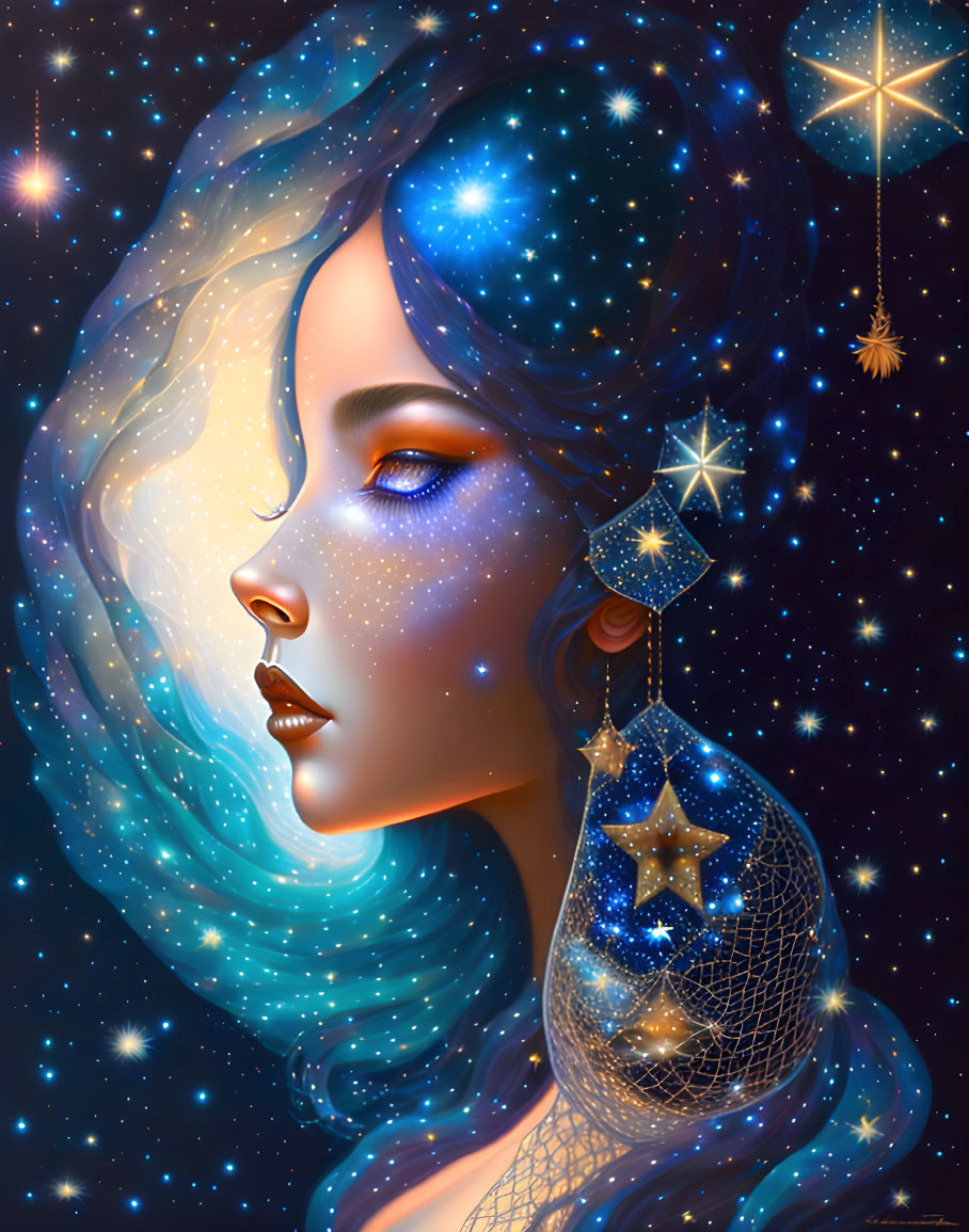 Woman's Side Profile with Celestial Hair and Earrings on Cosmic Background