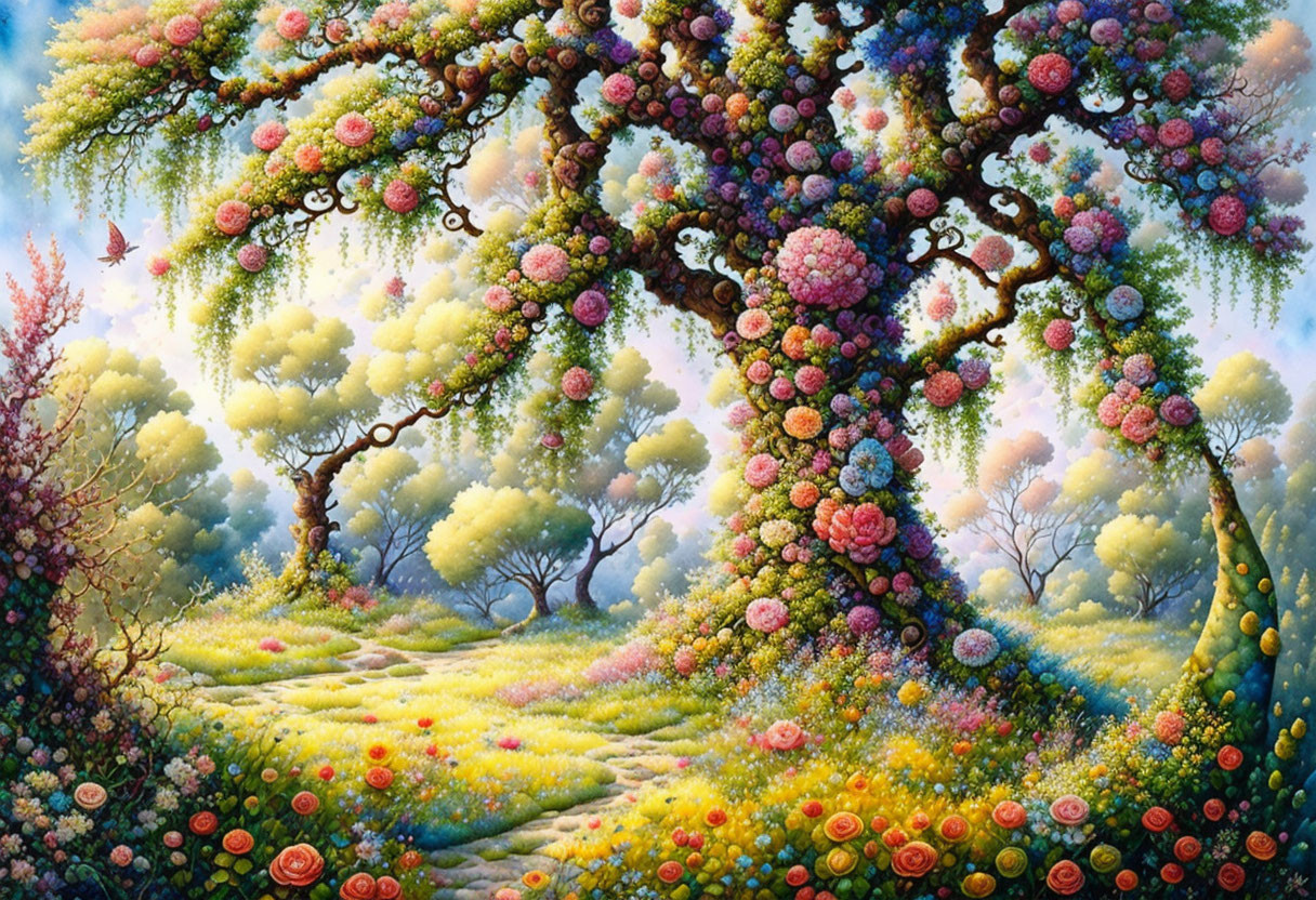 Vibrant Fantasy Landscape with Colorful Trees and Flowers