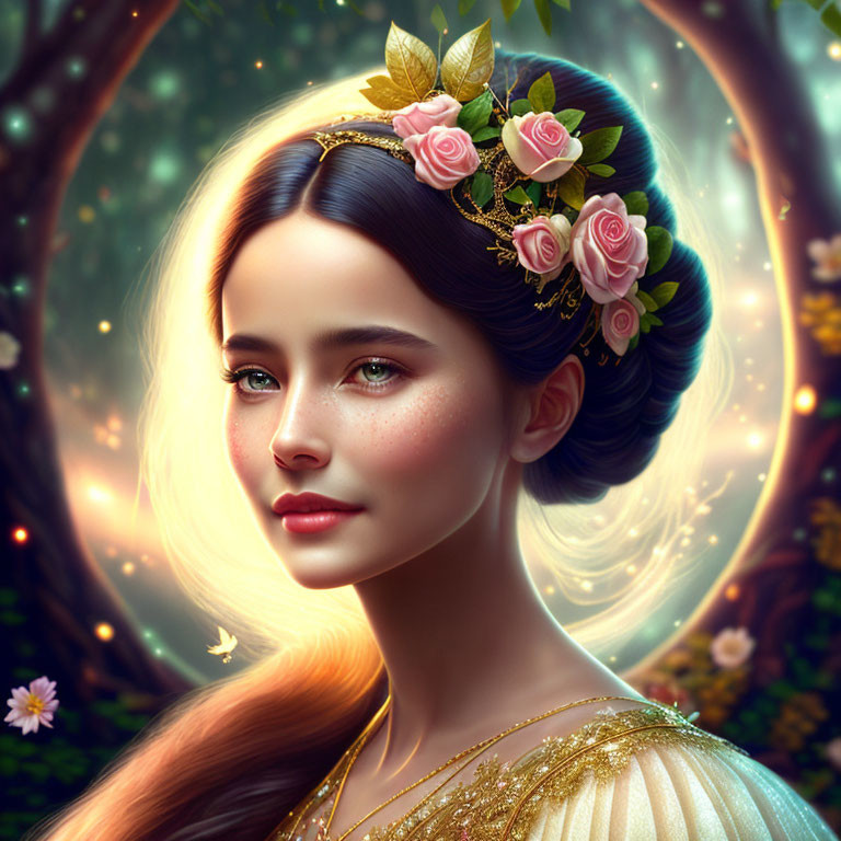 Digital Artwork: Woman with Floral Crown and Golden Adornments