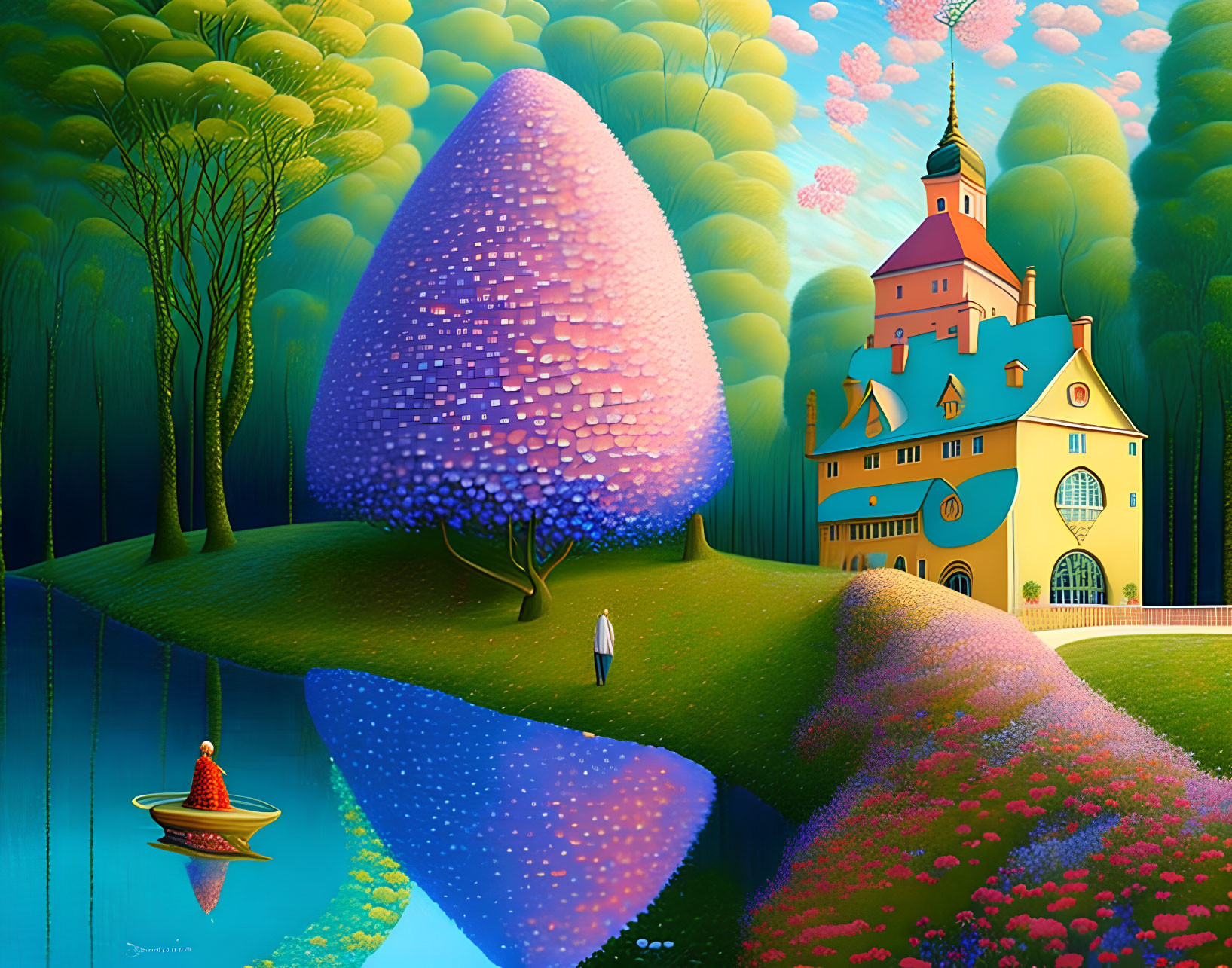 Whimsical landscape with castle, colorful trees, lake, swing person