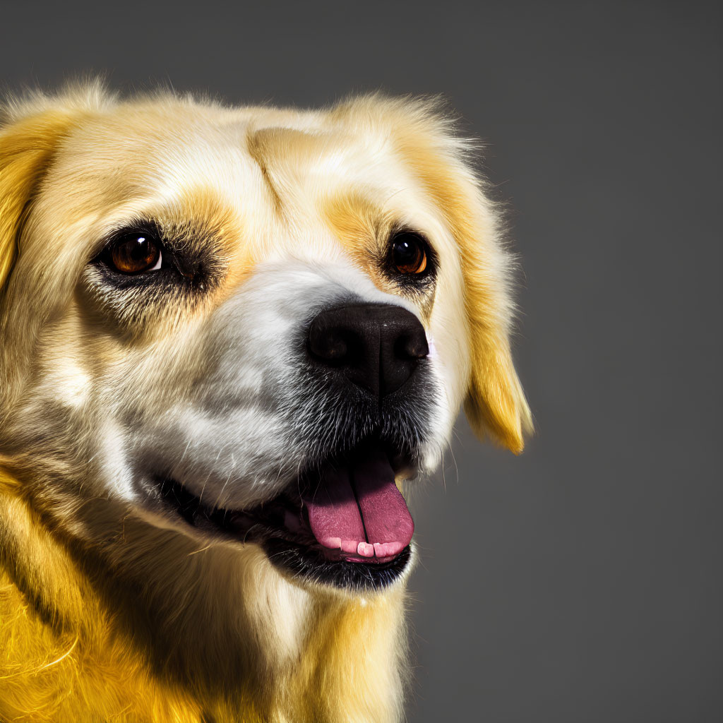 Golden Retriever portrait showcasing warm expression and golden fur on grey backdrop