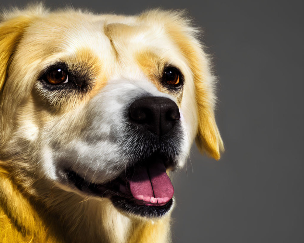 Golden Retriever portrait showcasing warm expression and golden fur on grey backdrop