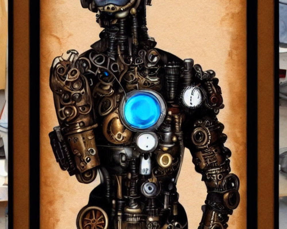 Steampunk-style robot with blue glowing eyes and chest orb in portrait.