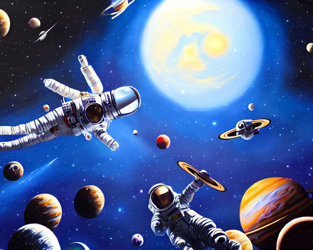 Colorful Astronauts Floating in Cosmic Scene