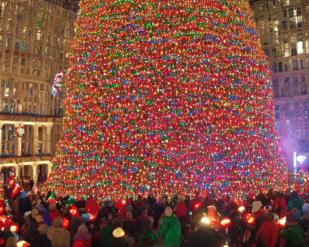 Vibrant Christmas tree with crowd at night