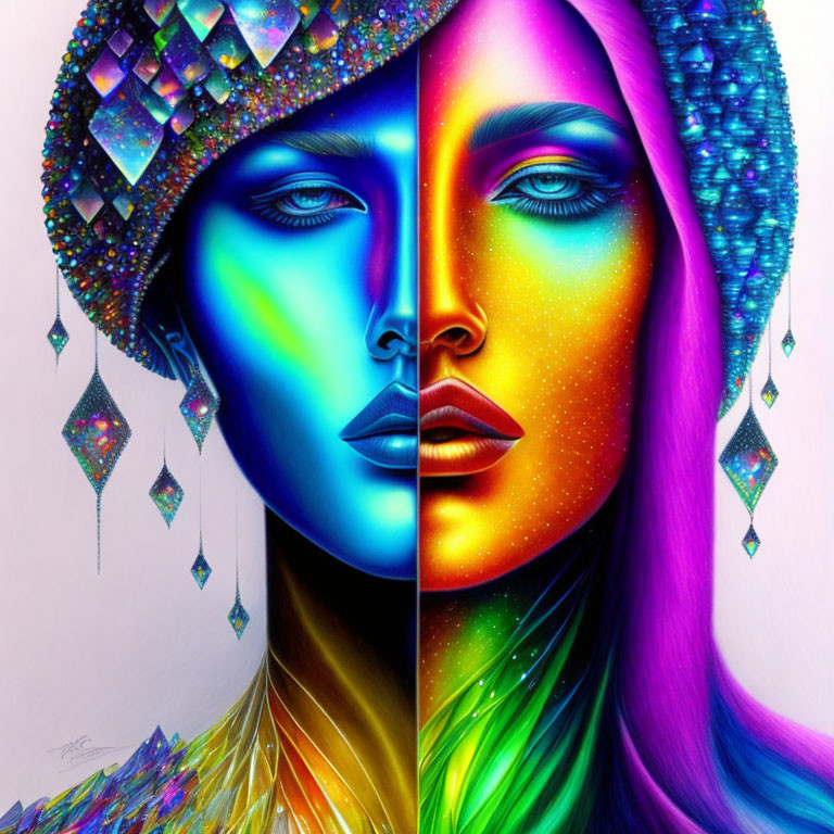 Colorful Split Portrait of Woman with Cosmic Theme and Gradient from Blue to Orange