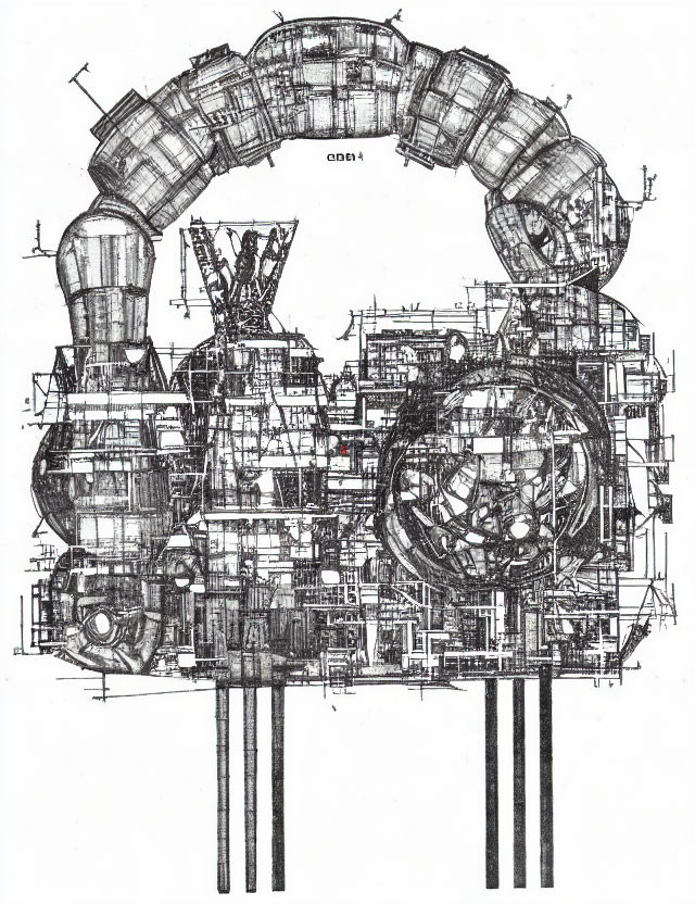 Architectural drawing of complex mechanical structure with cylindrical sections.