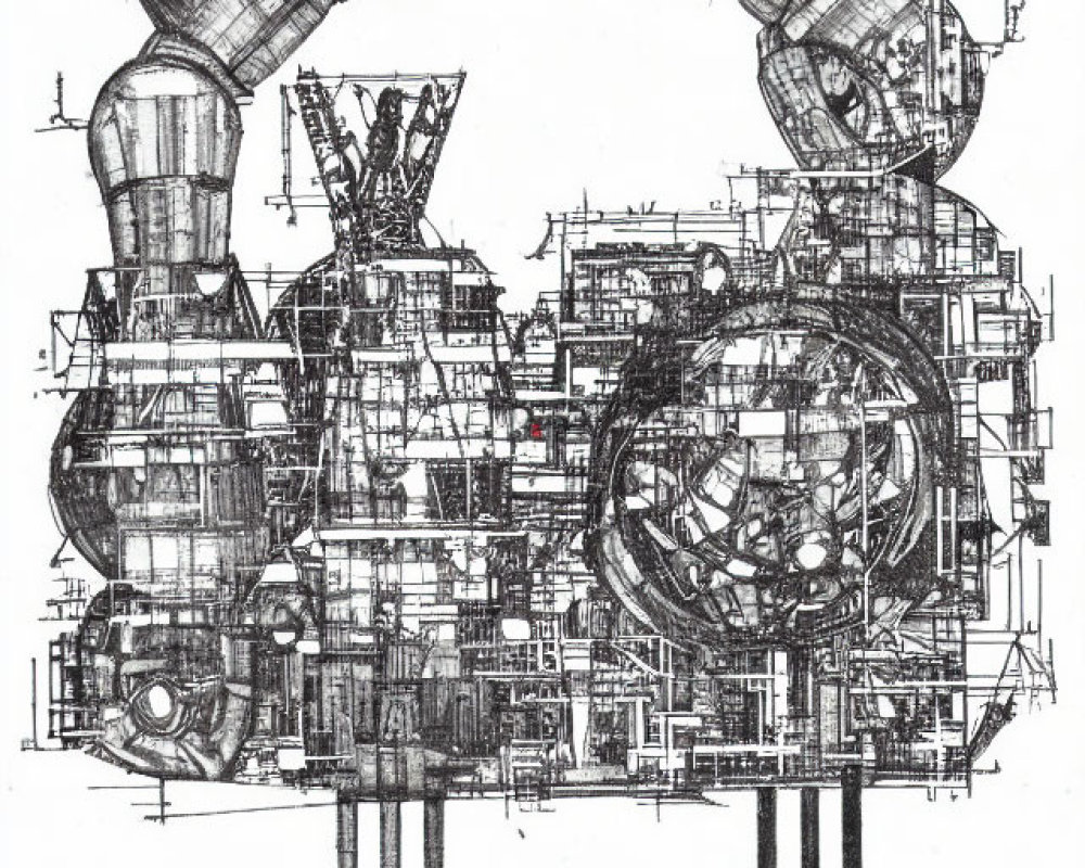 Architectural drawing of complex mechanical structure with cylindrical sections.