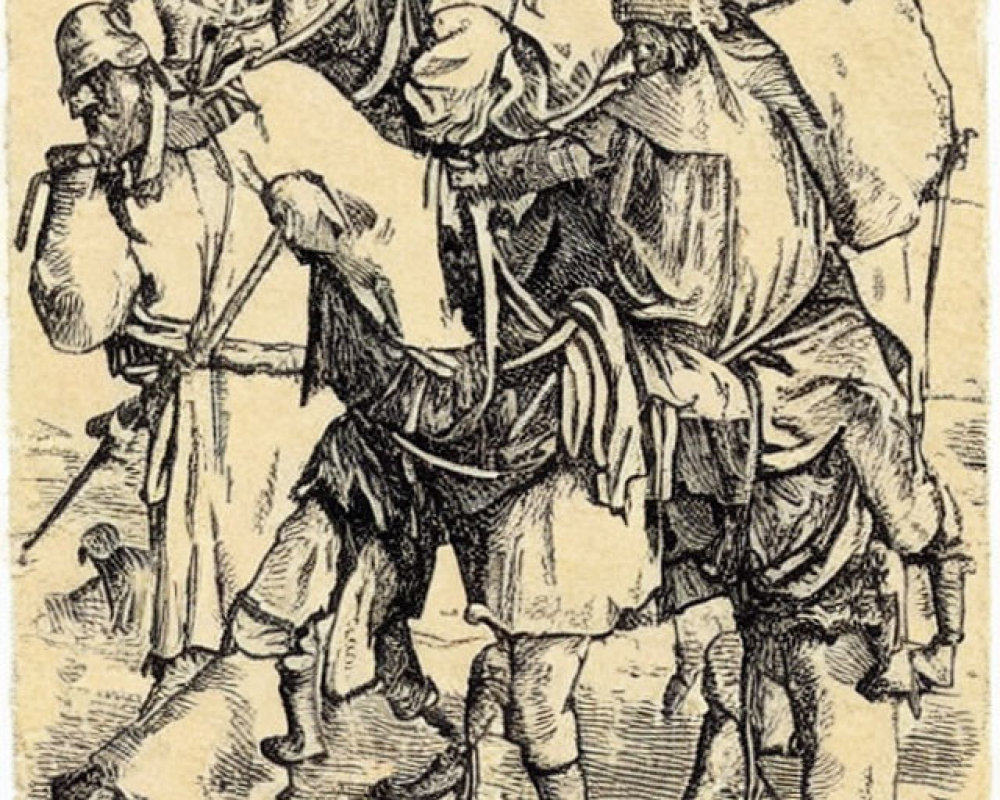 Medieval-themed sketch of Don Quixote and Sancho Panza on horse and donkey with