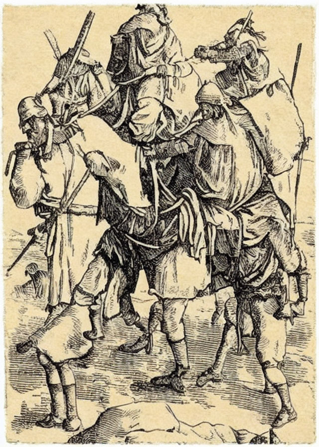 Medieval-themed sketch of Don Quixote and Sancho Panza on horse and donkey with