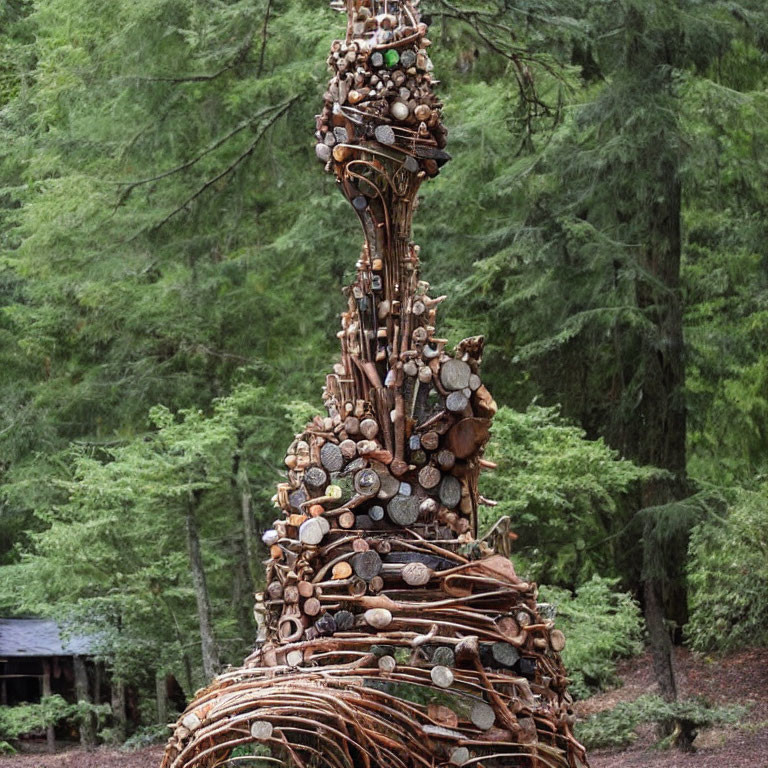 Textured sculpture of intertwined branches, logs, and stones in forest setting