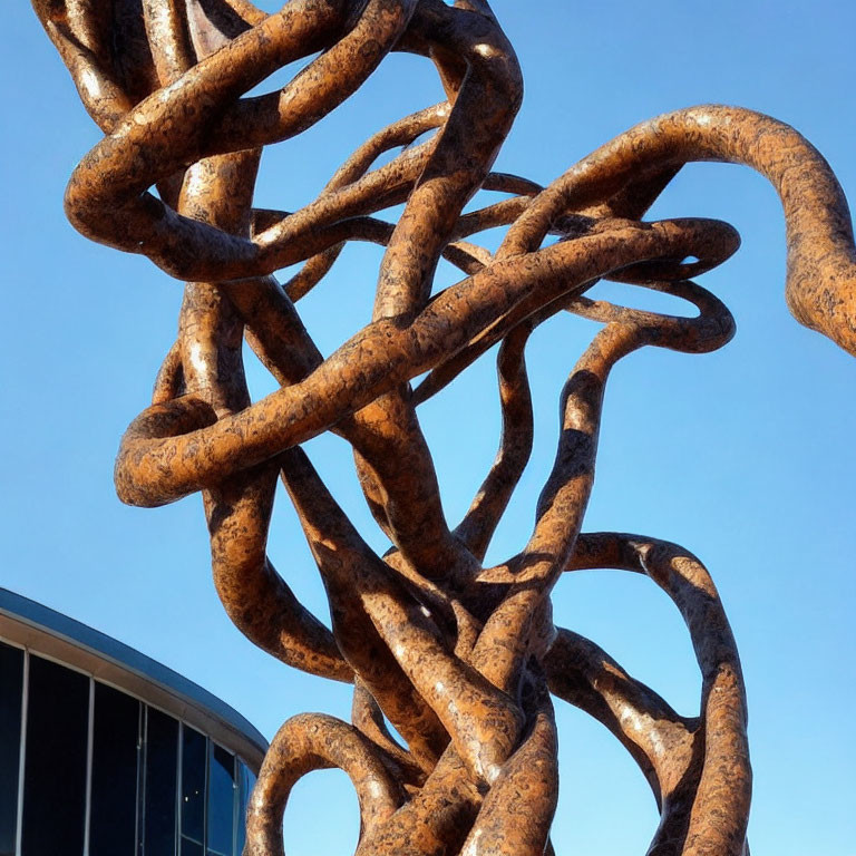 Rustic metal sculpture of intertwining loops under clear blue sky