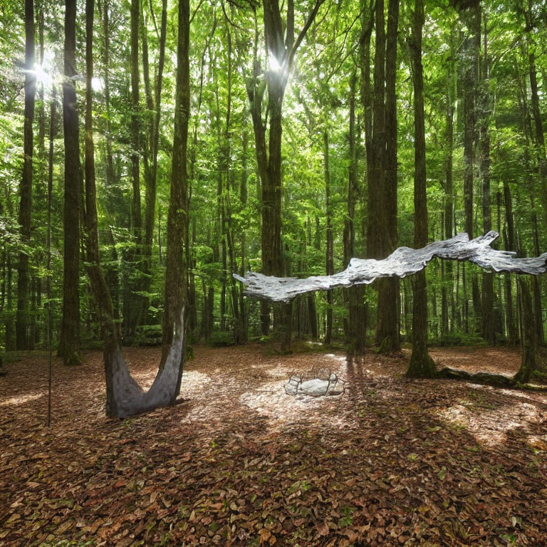 Tranquil forest scene with sunlight on cloth-like art installation