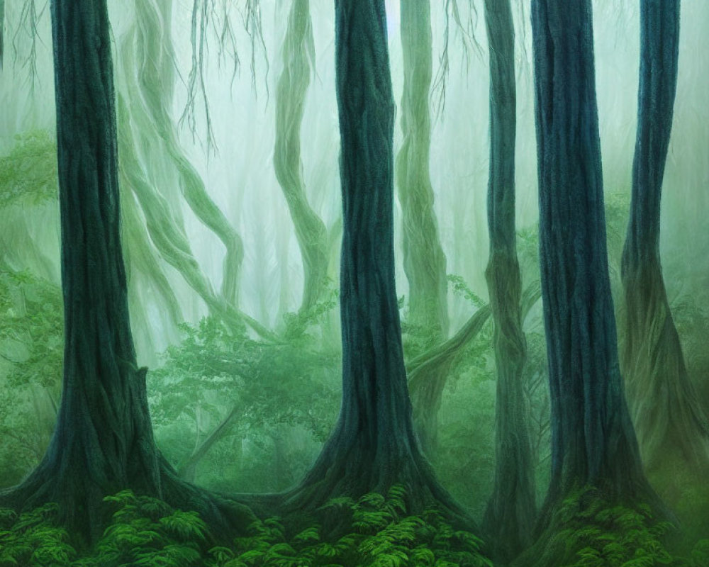 Misty green forest with towering moss-covered trees and lush fern understory