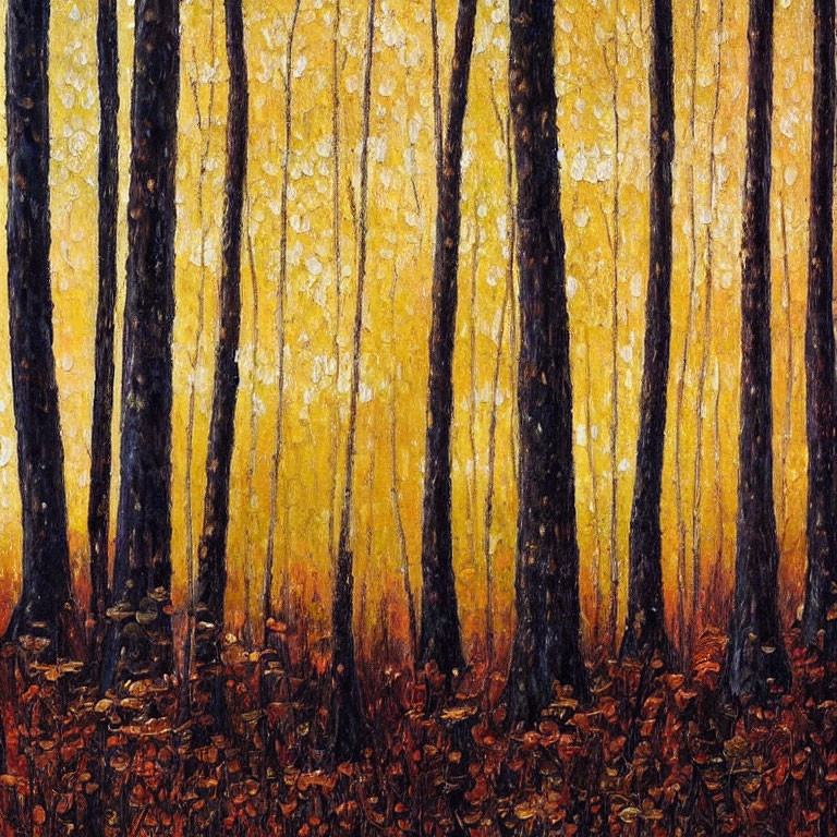 Autumn Forest Impressionist Painting with Golden Leaves