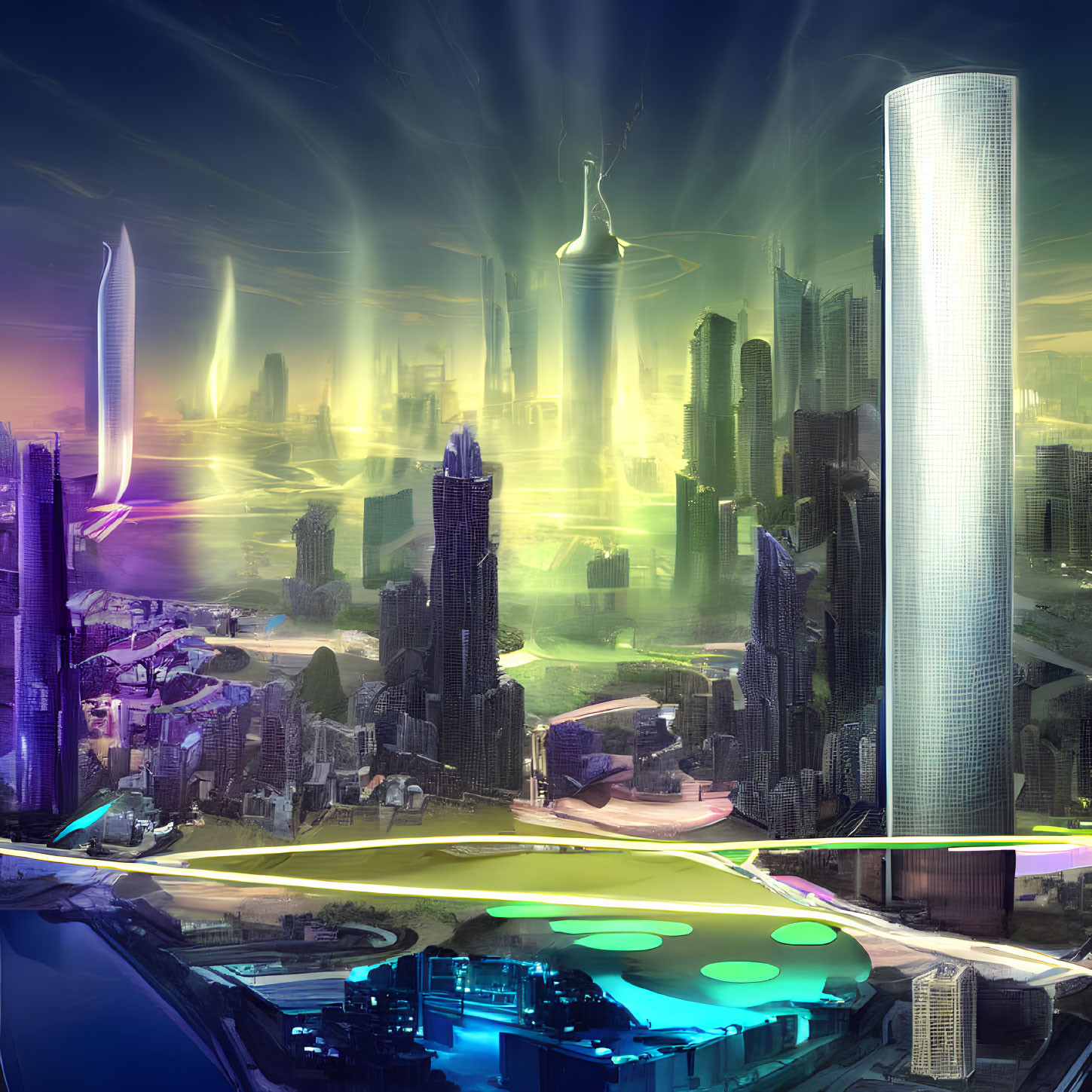 Futuristic cityscape with glowing skyscrapers and green park at twilight