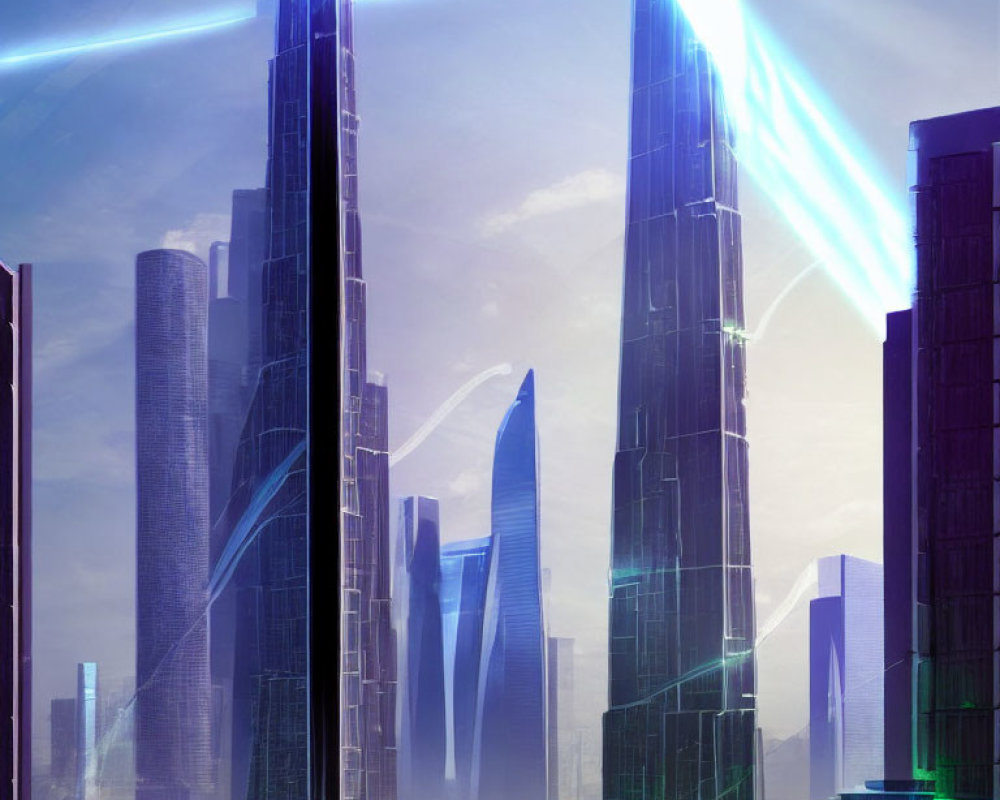 Futuristic cityscape with towering skyscrapers and energy beams in blue and green hues