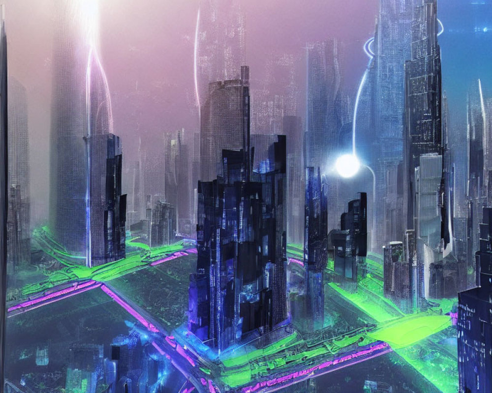 Nighttime Futuristic Cityscape with Neon Lights and Skyscrapers