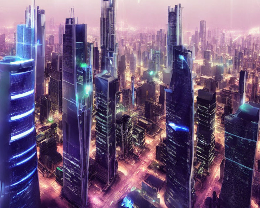 Neon-lit futuristic cityscape at dusk with glowing roads