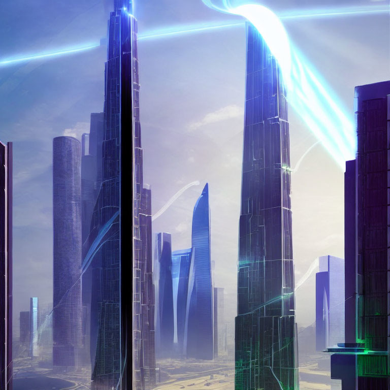 Futuristic cityscape with towering skyscrapers and energy beams in blue and green hues