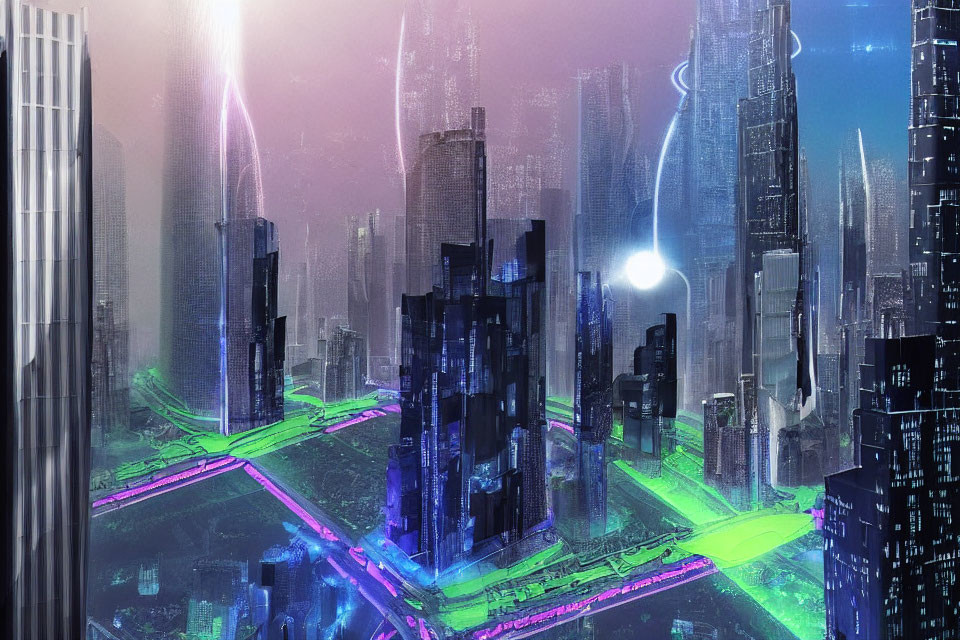 Nighttime Futuristic Cityscape with Neon Lights and Skyscrapers