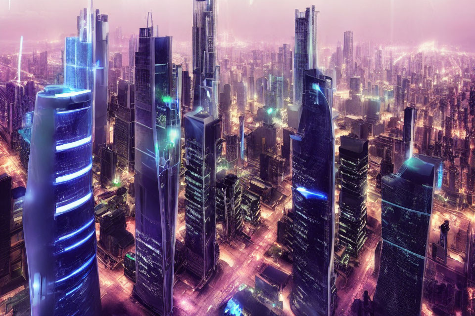 Neon-lit futuristic cityscape at dusk with glowing roads